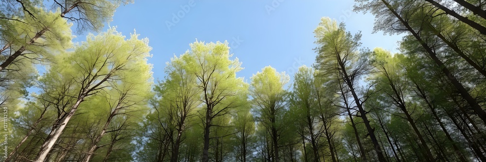 Forest Canopy Reach: The camera gazes upward through a vibrant forest canopy, where the lush green leaves of towering trees reach towards a clear, bright blue sky. This inspiring view suggests growth. Forest Canopy Reach: The camera gazes upward through a vibrant forest canopy, where the lush green leaves of towering trees reach towards a clear, bright blue sky. This inspiring view suggests growth.