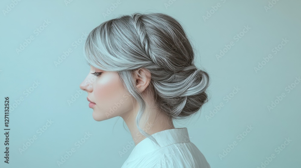 Side view of a woman with silver-gray hair styled in loose waves, tied back with a ribbon in a half-up style, standing against a pastel-toned studio background Side view of a woman with silver-gray hair styled in loose waves, tied back with a ribbon in a half-up style, standing against a pastel-toned studio background