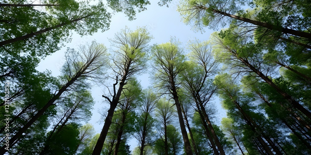 Reaching for the Sky: An awe-inspiring upward view from the forest floor reveals a canopy of tall, slender trees with vibrant green leaves, bathed in the gentle glow of sunlight filtering through. Reaching for the Sky: An awe-inspiring upward view from the forest floor reveals a canopy of tall, slender trees with vibrant green leaves, bathed in the gentle glow of sunlight filtering through.