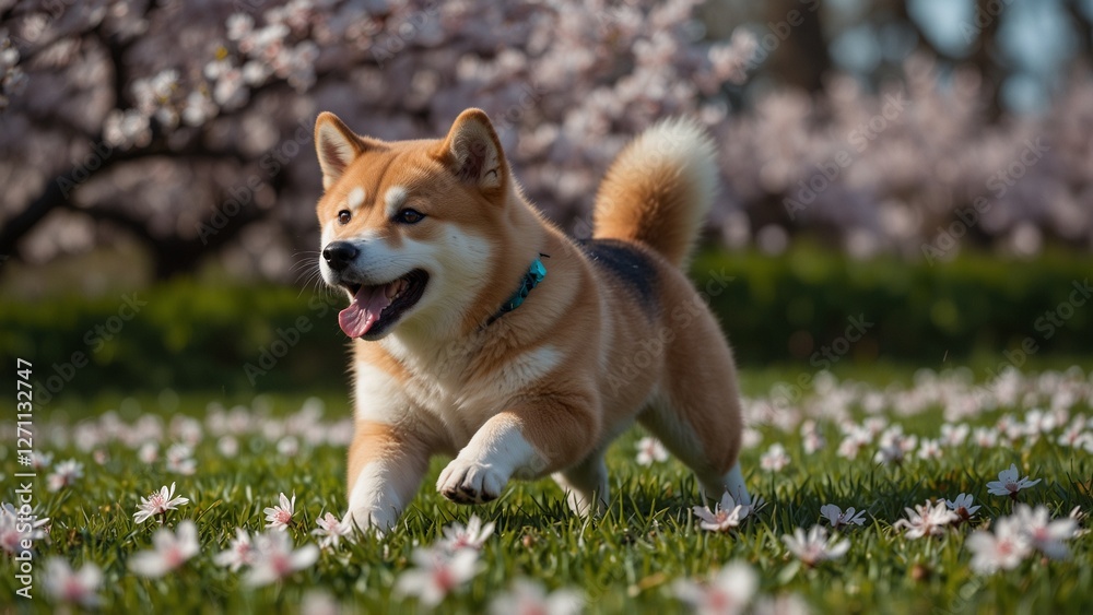 A cheerful Shiba Inu puppy jumping through a field of cherry blossoms.mystical black cat with glowing green eyes and arcane symbols on its fur. A cheerful Shiba Inu puppy jumping through a field of cherry blossoms.mystical black cat with glowing green eyes and arcane symbols on its fur.