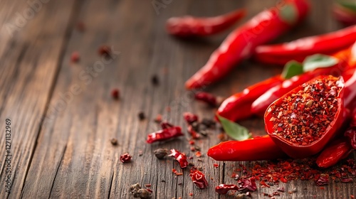 Vibrant red chilies with crushed chili flakes arranged on a rustic wooden surface creating an appetizing display : Generative AI photo