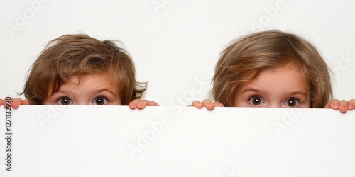 Two kids peeping from behind and holding a white wall, curiosity and entertainment concepts