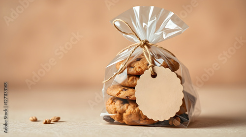 Chocolate chip cookies wrapped in cellophane bag with blank label