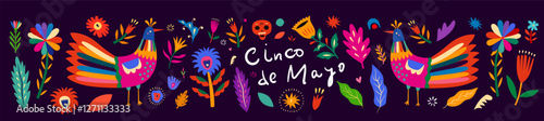 Beautiful vector banner with design for Mexican holiday 5 may Cinco De Mayo. Vector template with traditional Mexican symbols. 
