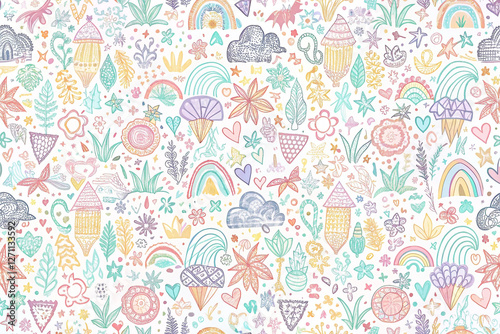 Pastel whimsical pattern design, colorful illustrations of houses, rainbows, clouds, flowers, and plants on white background, for children's fabric or wallpaper