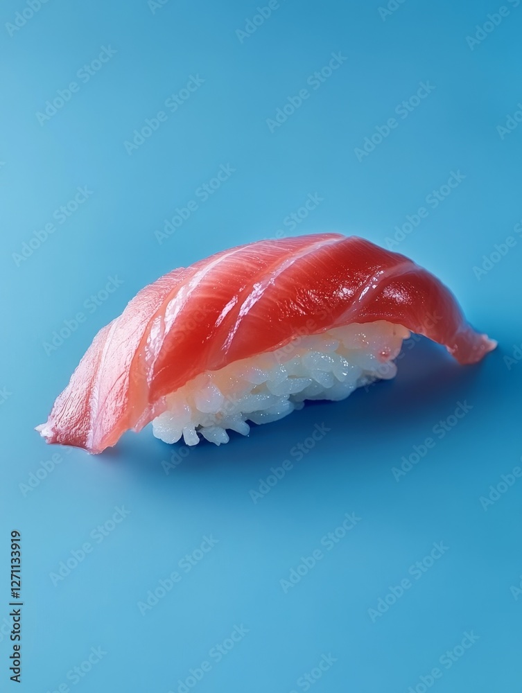 Single Tuna Sushi Piece on Blue Background - Delicious single sushi, Japanese cuisine, fresh tuna, elegant presentation, vibrant colors. Represents culinary art, healthy eating, and Japanese culture Single Tuna Sushi Piece on Blue Background - Delicious single sushi, Japanese cuisine, fresh tuna, elegant presentation, vibrant colors. Represents culinary art, healthy eating, and Japanese culture