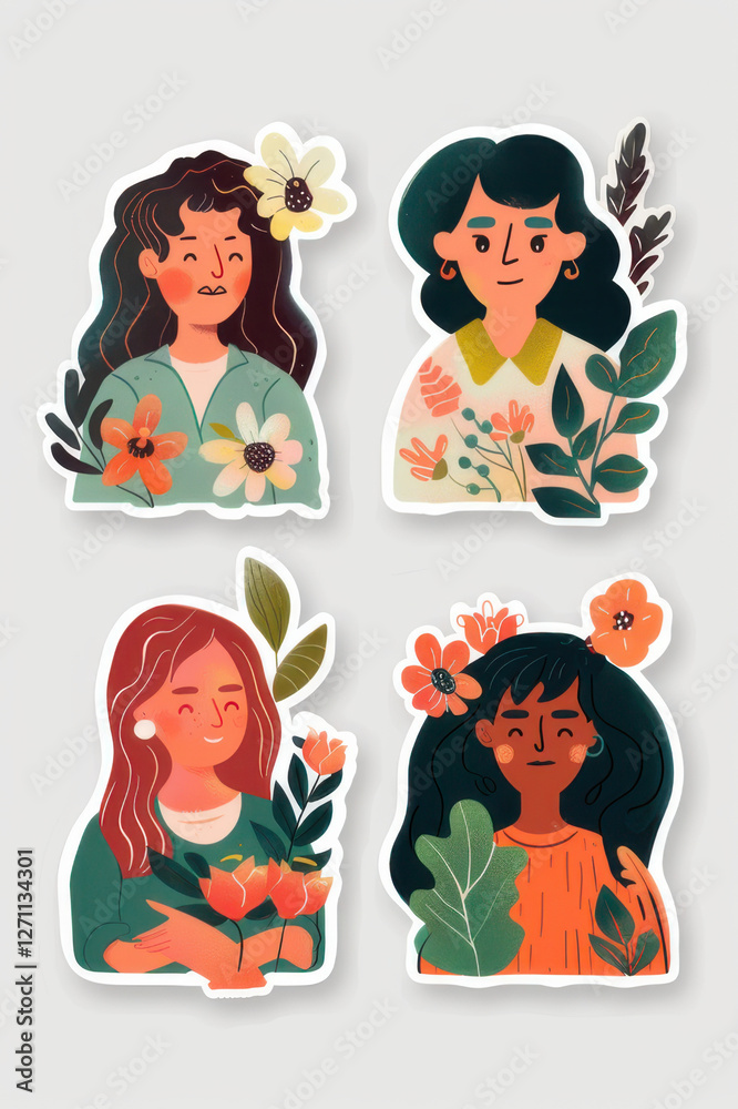 Stickers of women with floral accessories and hats, showcasing diverse fashion styles, beauty, and femininity. Stickers of women with floral accessories and hats, showcasing diverse fashion styles, beauty, and femininity.