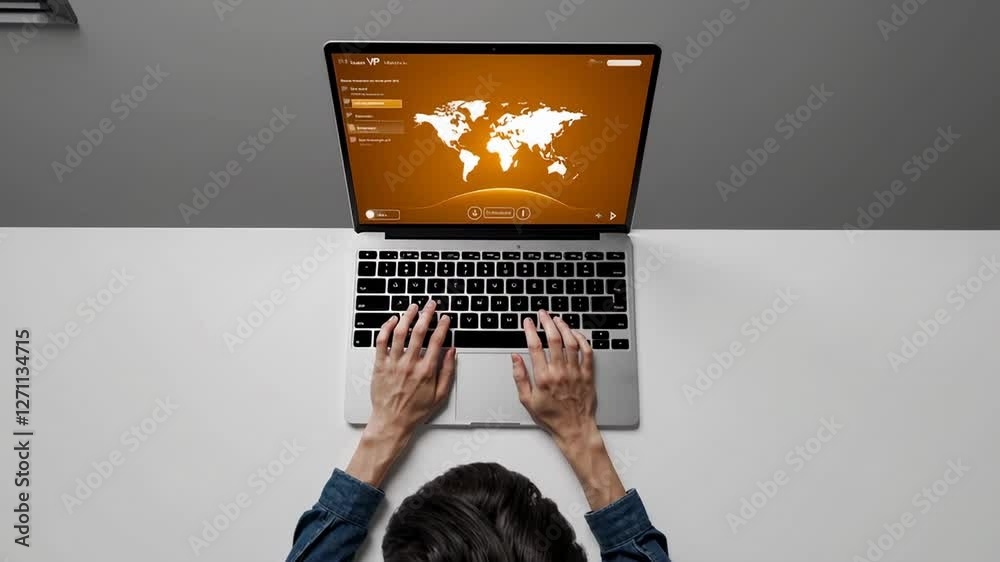 Programmer working on laptop with global network interface, capturing ...