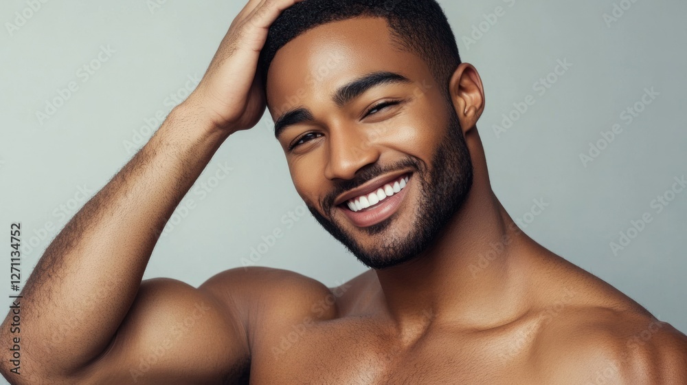 Studio close-up of a man with a trimmed beard, radiant skin, and muscular shoulders, smiling softly, his hand brushing his hair, standing against a soft gray background