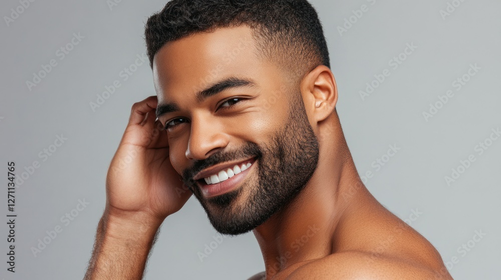 Studio close-up of a man with a trimmed beard, radiant skin, and muscular shoulders, smiling softly, his hand brushing his hair, standing against a soft gray background