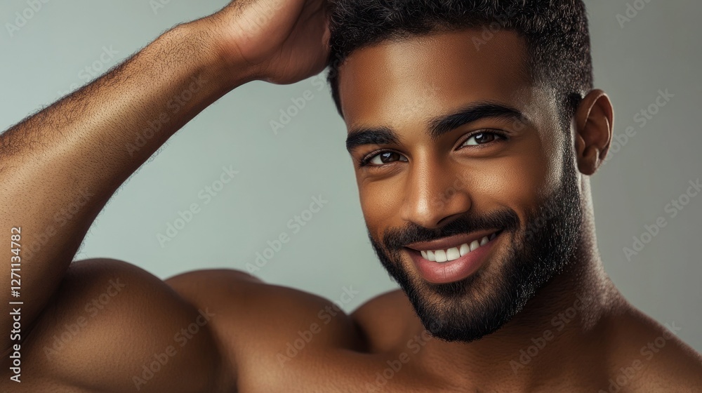 Studio close-up of a man with a trimmed beard, radiant skin, and muscular shoulders, smiling softly, his hand brushing his hair, standing against a soft gray background