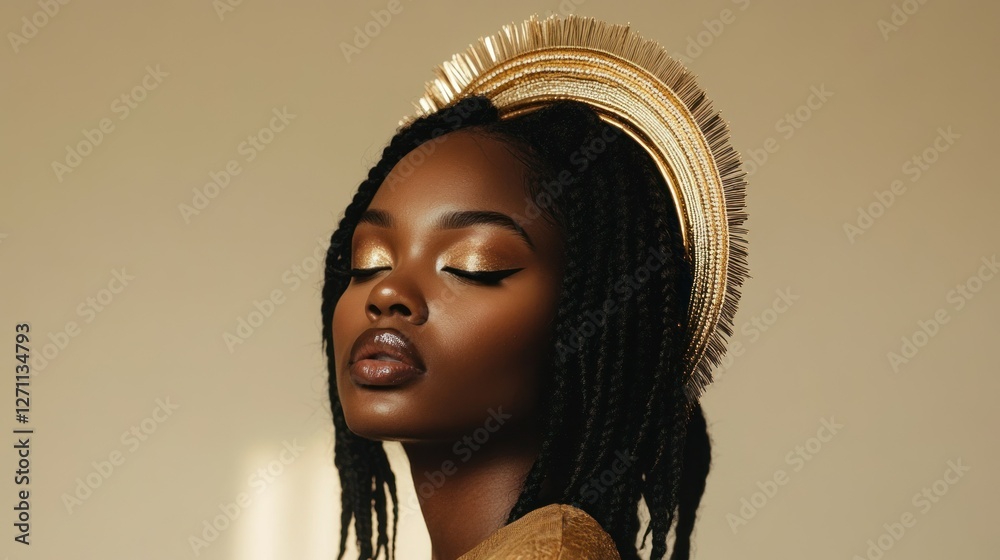 Studio portrait of a Black woman with braided halo crown, soft glowing makeup, and radiant skin, standing against a soft cream-colored backdrop, emphasizing natural beauty and protective styling