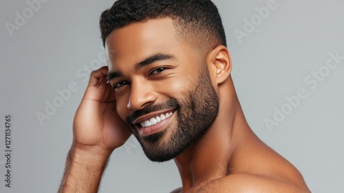 Obraz na płótnie Studio close-up of a man with a trimmed beard, radiant skin, and muscular shoulders, smiling softly, his hand brushing his hair, standing against a soft gray background w salonie