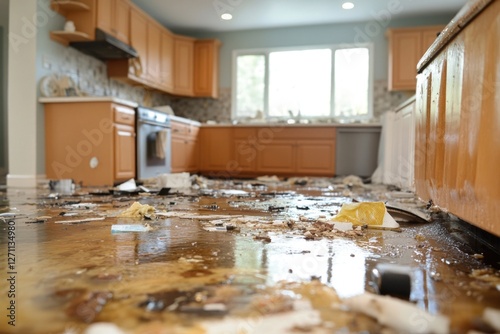 A cluttered and messy kitchen floor filled with trash and debris photo