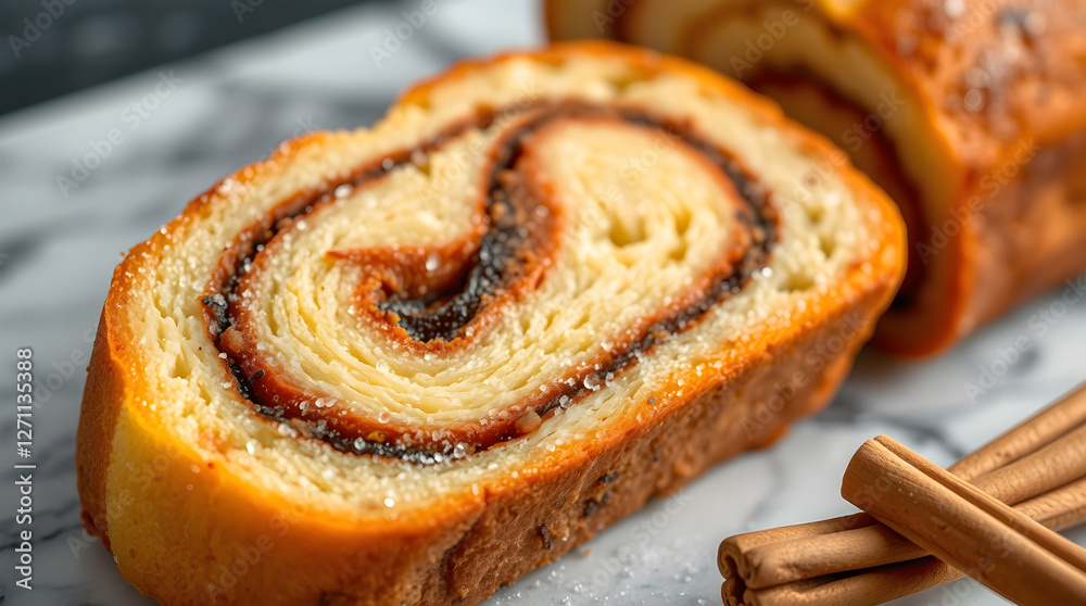 Fototapeta premium Delicious cinnamon roll slices showing filling on marble surface
