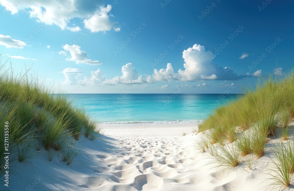 White sand beach way to turquoise ocean water with blue sky and clouds. Dune grass on seaside with coast landscape. Summer vacation at tropical sea shore. Seascape background for travel destination. White sand beach way to turquoise ocean water with blue sky and clouds. Dune grass on seaside with coast landscape. Summer vacation at tropical sea shore. Seascape background for travel destination.