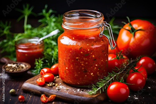 Wallpaper Mural Tomatoes and herbs resting in homemade sauce contained in a glass jar Torontodigital.ca