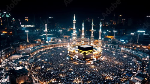 Majestic Night View of the Holy Kaaba, Masjid al-Haram. A breathtaking spiritual scene, illuminated under the starlit sky. The sacred Kaaba, center of Islam, glows with divine light. A powerful image 
