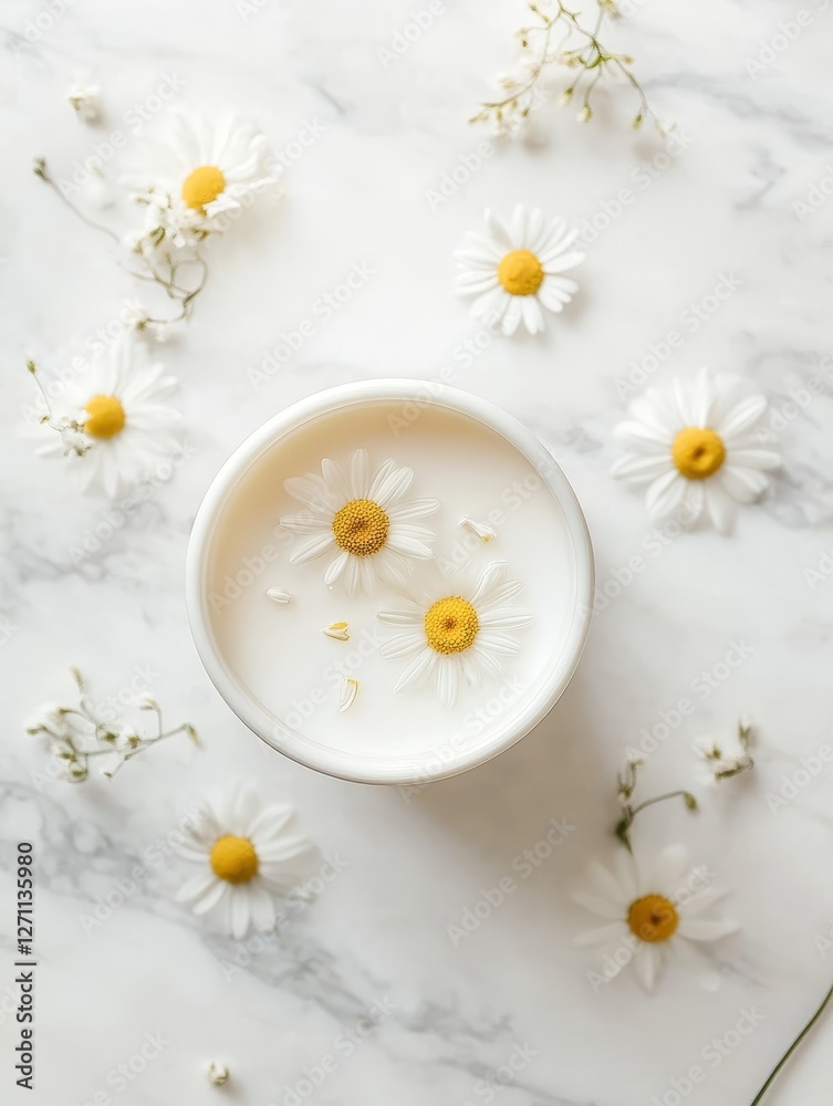 Obraz premium Minimalist Daisy Petal Vanilla Candle - Serene, calming, and fragrant, this vanilla candle infused with daisy petals symbolizes purity, peace, tranquility, relaxation, and natural beauty