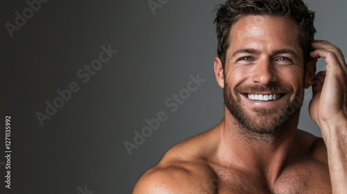 Studio portrait of a man with a short beard, glowing skin, and a muscular chest, smiling brightly, his hand tousling his hair, standing against a neutral gray background.