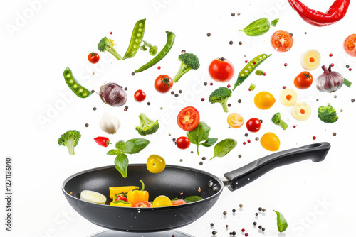 Colorful vegetables including tomatoes, broccoli, and peas are floating above a frying pan, creating a vibrant cooking scene.