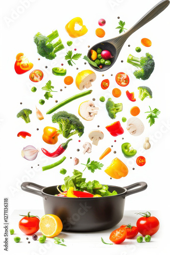 Colorful vegetables including tomatoes, broccoli, and peas are floating above a frying pan, creating a vibrant cooking scene.