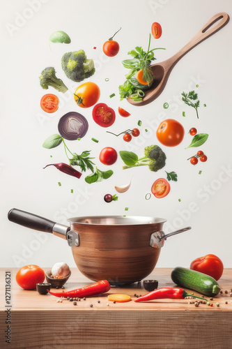 Colorful vegetables including tomatoes, broccoli, and peas are floating above a frying pan, creating a vibrant cooking scene.
