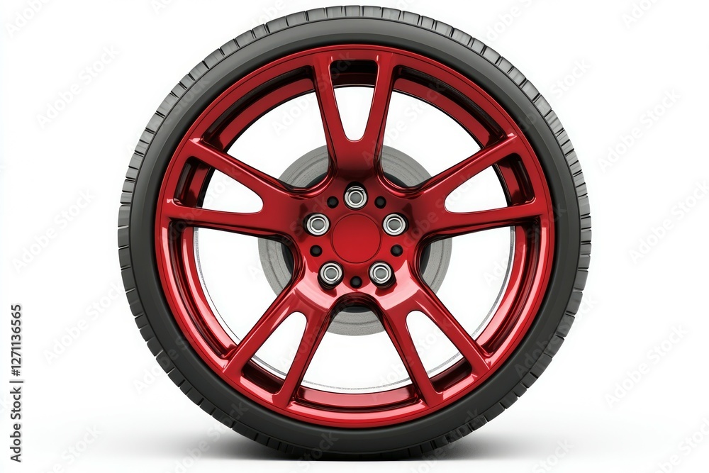 Obraz premium Red alloy wheel isolated on white background. AI generated