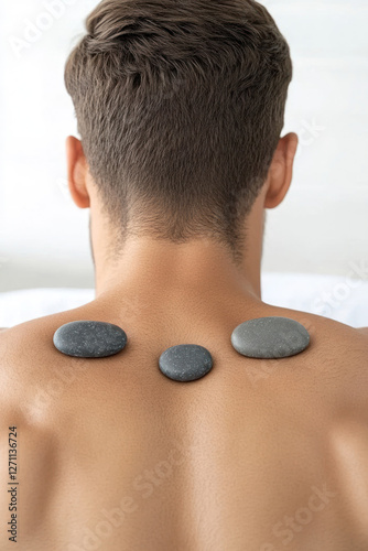 Man receiving hot stone therapy on his back at a spa center