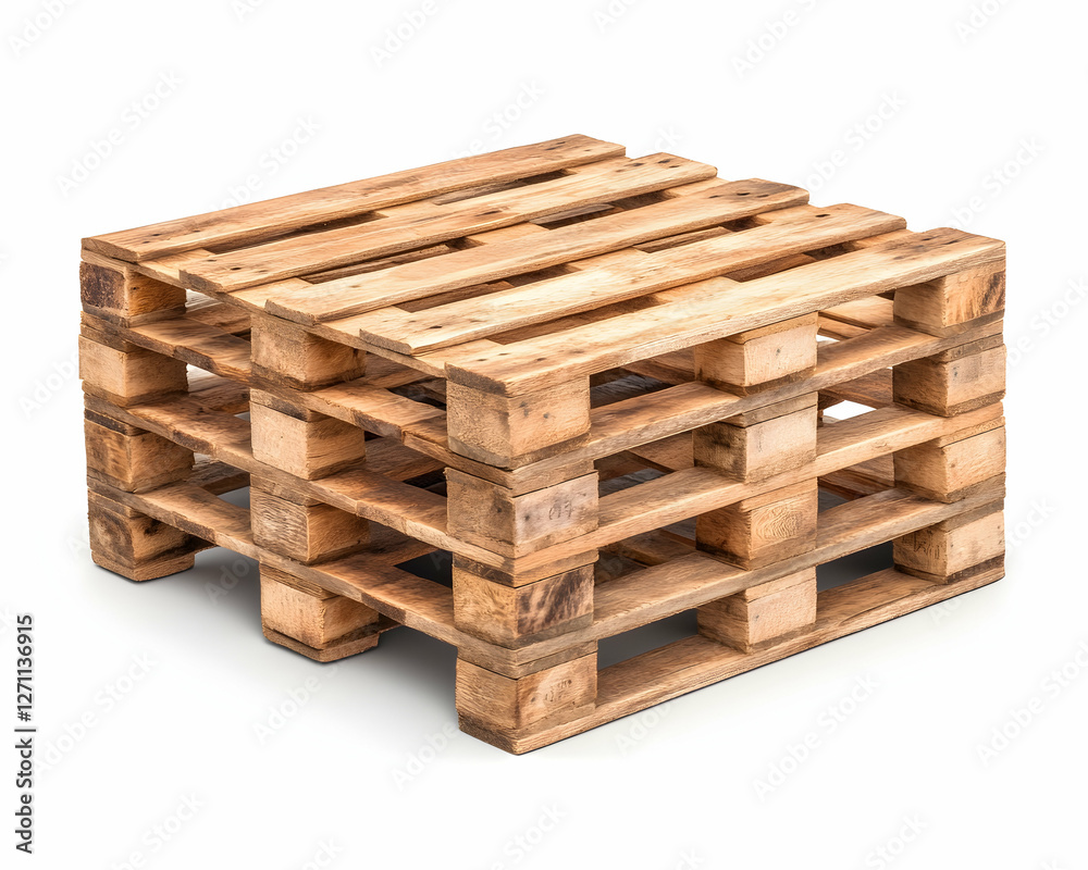 Stacked wooden pallets on white background for shipping, storage, and transport Stacked wooden pallets on white background for shipping, storage, and transport