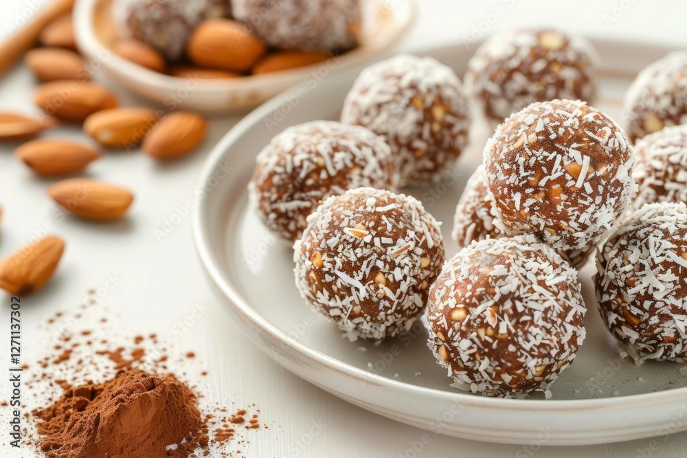 Chocolate coconut almond truffles in culinary art display. AI generated Chocolate coconut almond truffles in culinary art display. AI generated