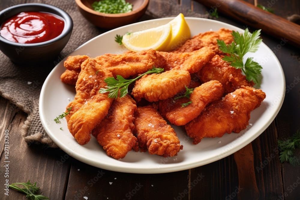 Top down view of mouthwatering fried chicken strips on a white plate with tomato sauce and lemon slices perfect for an outdoor picnic or party Top down view of mouthwatering fried chicken strips on a white plate with tomato sauce and lemon slices perfect for an outdoor picnic or party