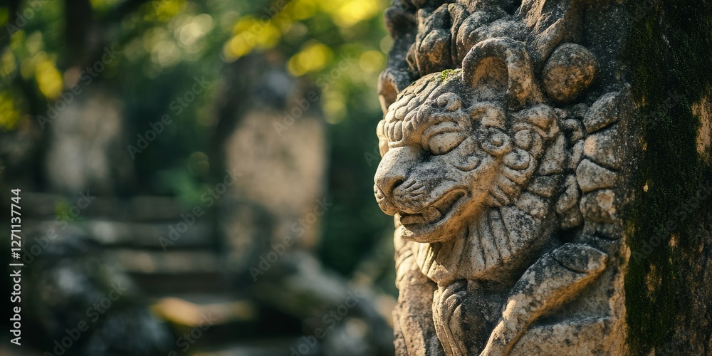 Ancient stone lion sculpture guarding sacred mexican ruins in lush jungle setting Ancient stone lion sculpture guarding sacred mexican ruins in lush jungle setting