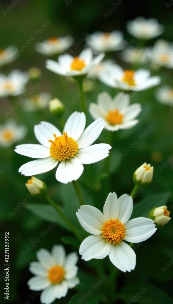 White flowers with yellow centers in a garden, petals, garden White flowers with yellow centers in a garden, petals, garden