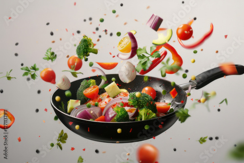 Colorful vegetables including tomatoes, broccoli, and peas are floating above a frying pan, creating a vibrant cooking scene.