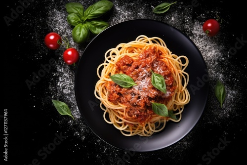 Wallpaper Mural Top view copy space of spaghetti with tomato sauce minced meat Parmesan cheese and basil on a black background Torontodigital.ca