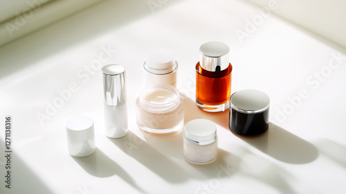 Luxury skincare products in glass containers with silver lids