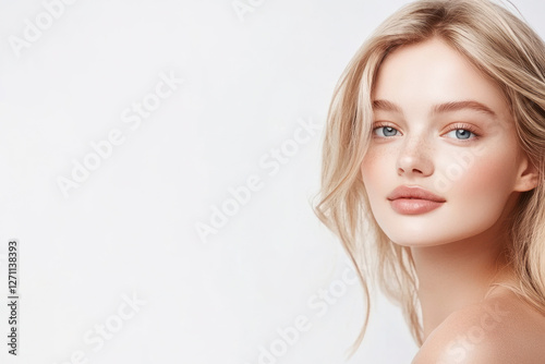Close-up portrait of a young blonde woman with blue eyes