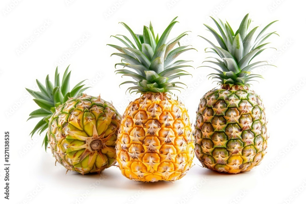 Three pineapples aligned on white background. AI generated Three pineapples aligned on white background. AI generated