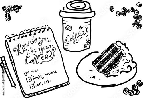 Hand-drawn coffee order vector doodle. Notepad, pen, coffee to go, and a piece of cake. For coffee lovers on the go.