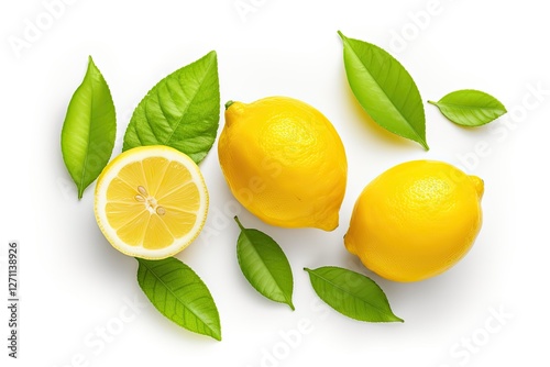 Wallpaper Mural Top view of a fresh lemon fruit with half and leaves on a white background Torontodigital.ca