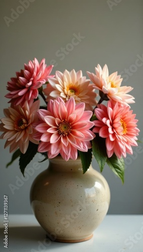 Wallpaper Mural Softly glowing dahlia blooms adorn a weathered ceramic vessel, fall bouquet, warm tones, soft glow Torontodigital.ca