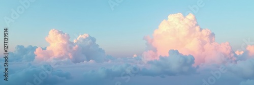 Softly glowing clouds float across a blue sky, cloudy, gray, pastel