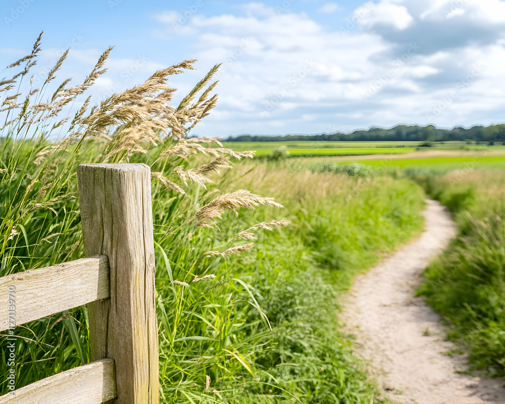 Fototapeta premium Trail winds thru sunny green field, grasses sway, blue sky, for nature walks