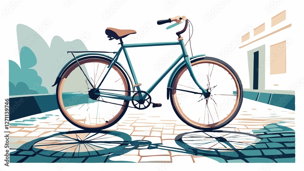 Fototapeta premium The worn patina of a stylish vintage bicycle, a testament to years of use and countless journeys, is beautifully showcased in this image, where it is parked by a charming cobblestone street, creating