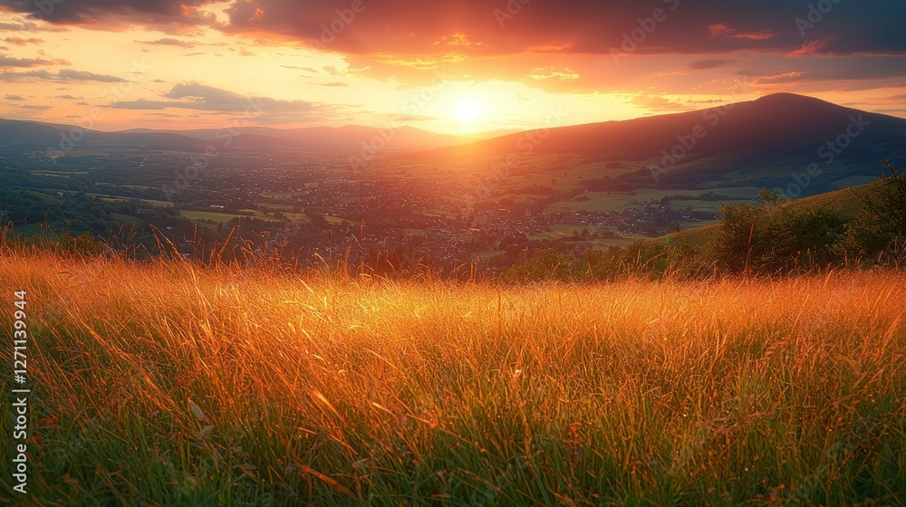 Obraz premium Sunset over mountain valley village, golden grass