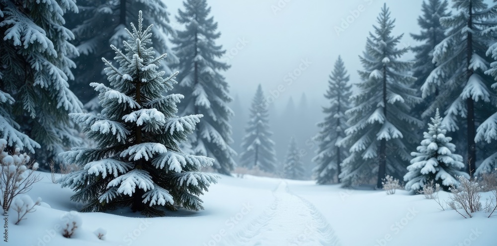 Snow-covered evergreen tree in a serene forest environment, scenery, trees, white Snow-covered evergreen tree in a serene forest environment, scenery, trees, white