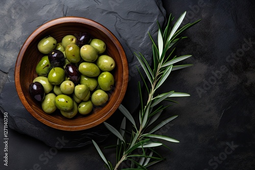 Top view of black and green olives in wooden bowl on dark stone table with pickers