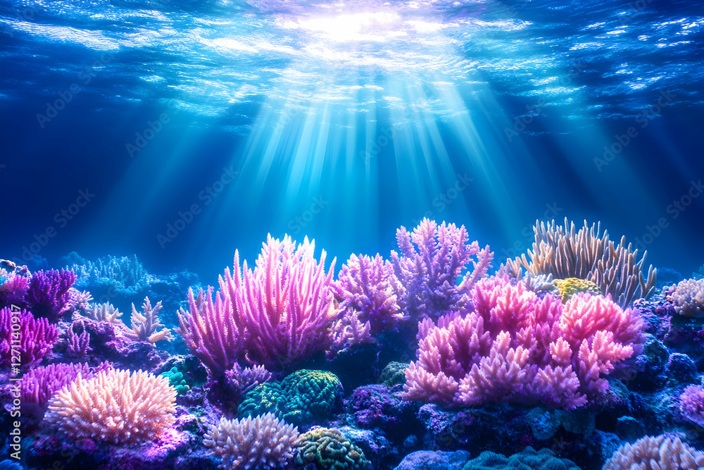 Fototapeta premium Vivid coral reef thrives under ocean light, perfect for marine biology resources