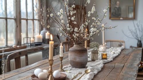 Elegant rustic dining table arrangement with spring flowers and candles in a cozy setting photo